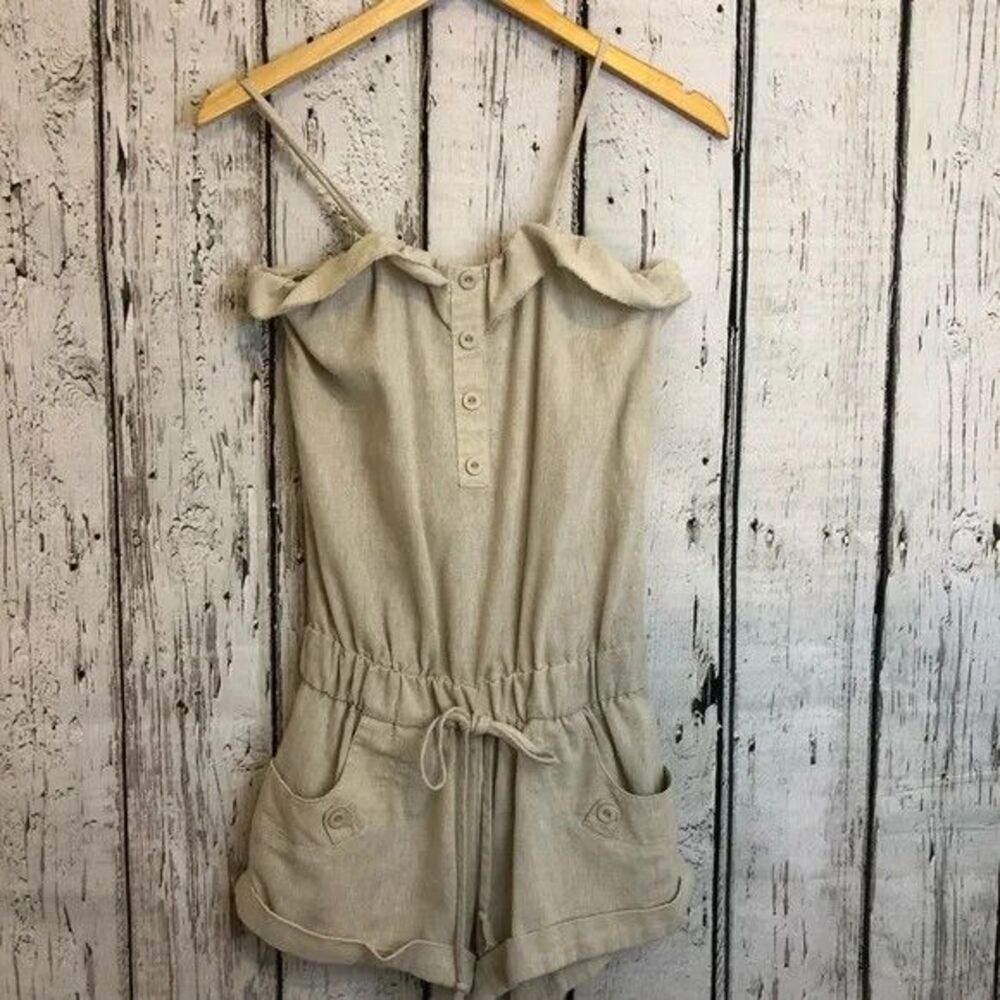 Beige Romper Women S Linen like Blend Button Front Utility Safari Boho Casual